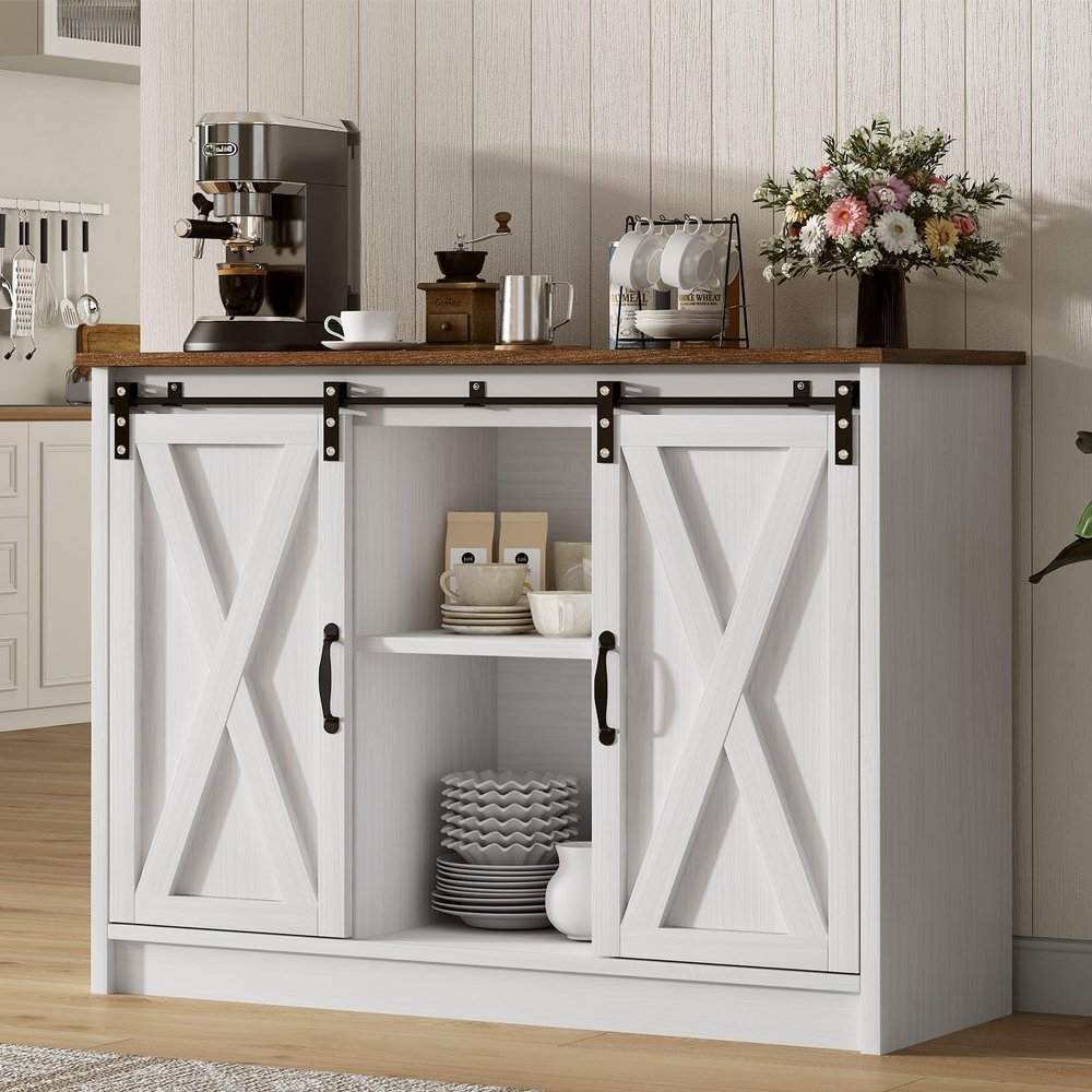 4 EVER WINNER Coffee Bar Cabinet with Sliding Barn Doors, 42Farmhouse Buffet Cabinet with Storage for Kitchen, Coffee Bar with Adjustable Shelf for Dining Room, White