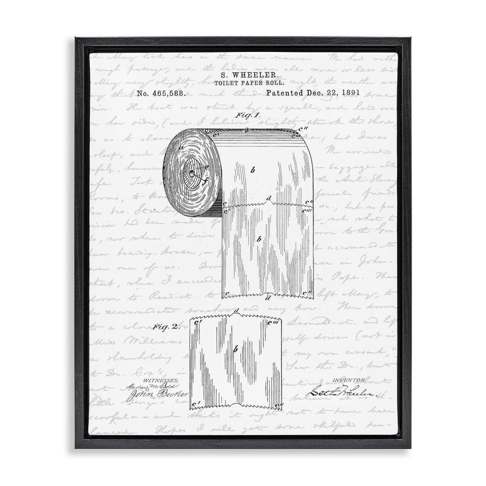 Stupell Industries 'Vintage Toilet Paper Roll Patent', Floating Frame Canvas Art, Black, 25 x 31 Inches, Easy to Hang and Sturdy, Made in USA, by Lettered and Lined