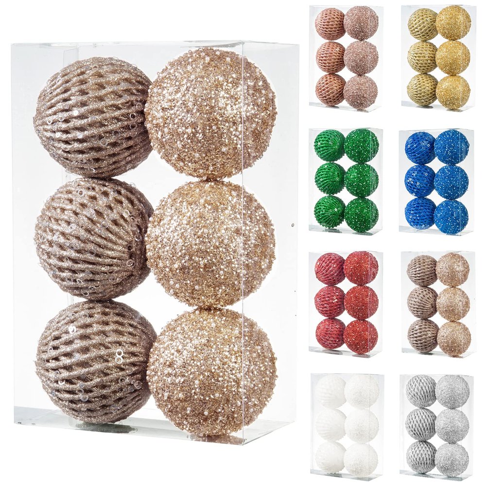6pcs 3.94" Christmas Ball Ornaments Glitter Shatterproof Christmas Tree Ornaments Sequin Xmas Hanging Balls Decorations for Wedding Party Holiday(Champagne Gold, 6pc-10cm)