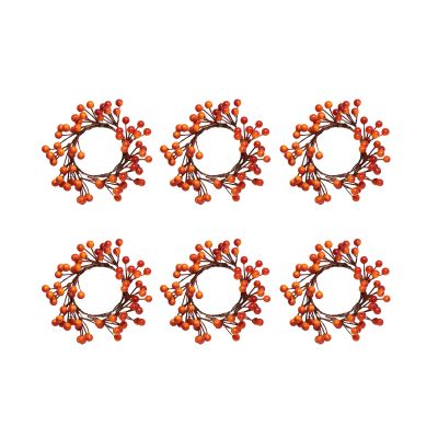 MSUIINT 6 Pcs Orange Berries Candle Rings, Christmas Votives Candle Holder Rings with Orange Berry Decor, Artificial Holly Berry Stem Wreath Rings for Halloween Thanksgiving Home Pillars
