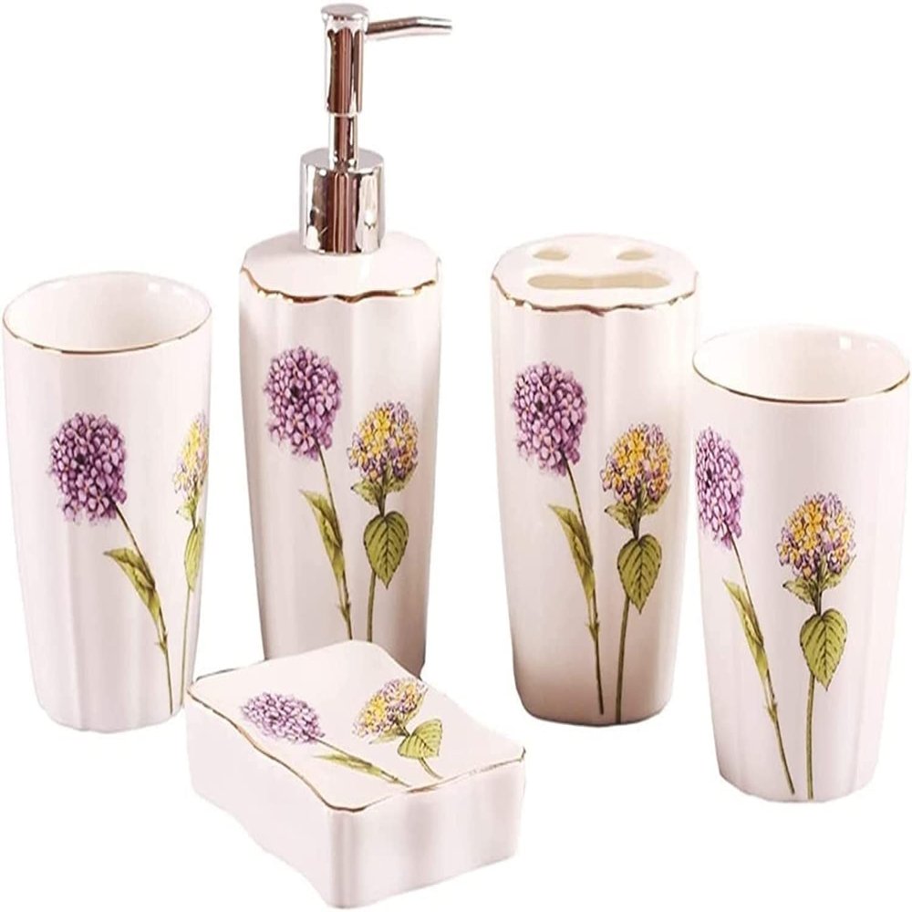 Bathroom Accessory Set Bathroom Accessory Set Ceramic Toothbrush Holder Lotion Bottle Soap Dish Bath Mouth Cup Five-Piece Set Suitable for Hotel Bathroom