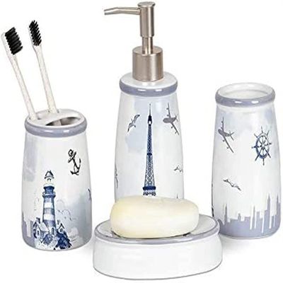 Bathroom Accessories Set 4 Piece Ceramic Bathroom Set Soap Dispenser Toothbrush Holder Tumbler Soap Dish for Hotel Bathroom