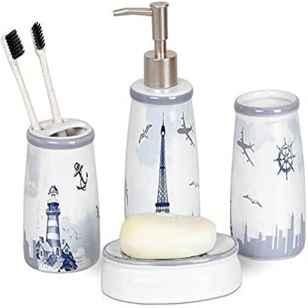 Bathroom Accessories Set 4 Piece Ceramic Bathroom Set Soap Dispenser Toothbrush Holder Tumbler Soap Dish for Hotel Bathroom