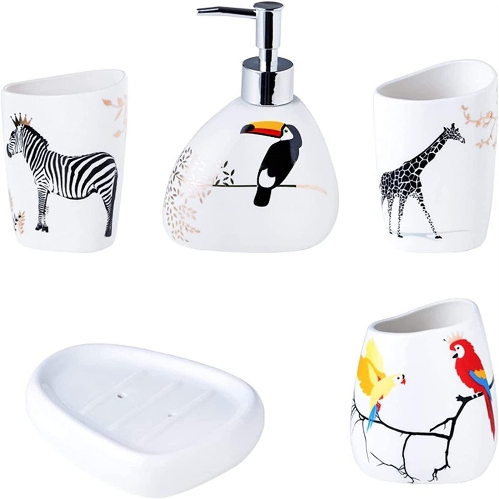 Home Bathroom Accessories Set Nordic Cute Animals Ceramic Bathroom Accessories Five-Piece Set Soap Dispenser Toothbrush Holder Suitable for Hotel bathrooms