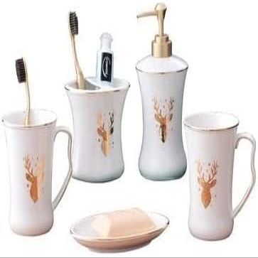 Bathroom Accessory Set Ceramic Bathroom Accessory Set Soap Dispenser Toothbrush Holder Mouthwash Cup Soap Dish for Hotel Bathroom (Color : E)