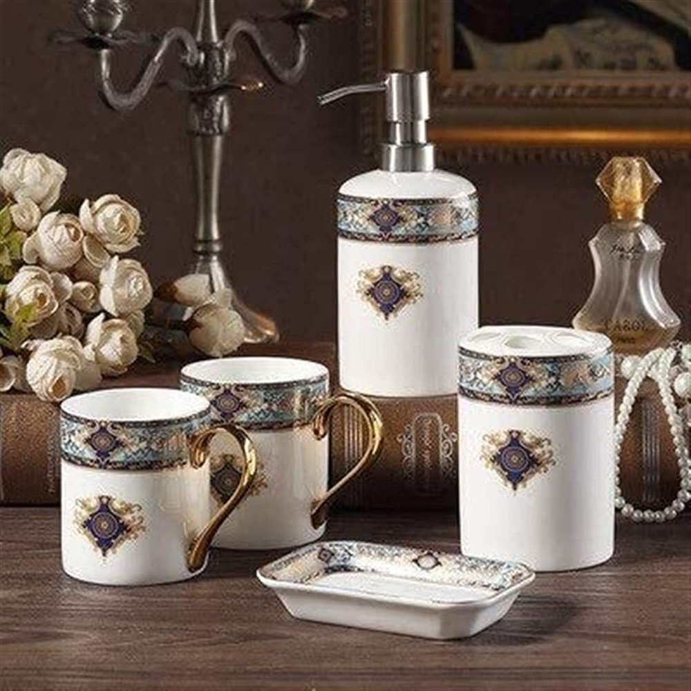 Home Bathroom Accessories Set Ceramic Bathroom Accessories Set Soap Dispenser Toothbrush Holder Gargle Cups Soap Dishes Lavatory 5/6 Pieces Set Suitable for Hotel bathrooms (Size : 5 Pieces Set)