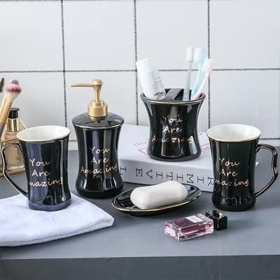 Bathroom Accessory Set Ceramic Bathroom Accessory Set Soap Dispenser Toothbrush Holder Mouthwash Cup Soap Dish for Hotel Bathroom (Color : G)