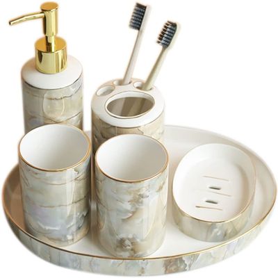 Bathroom Accessory Set Ceramic Bathroom Accessory Set Portable Soap Dispenser Toothbrush Holder Soap Dish Bath Amenities for Hotel Bathroom (Color : A)