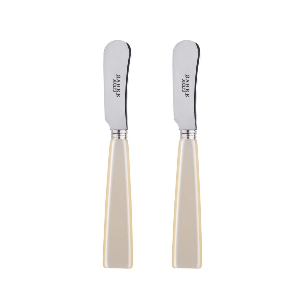 Sabre Paris - Set of 2 Spreader Knives 5.5 inches - Icne Collection - Perfect for Butter, Tapenades, Spreads - Stainless Steel & Acrylic - Dishwasher Safe - Pearly White