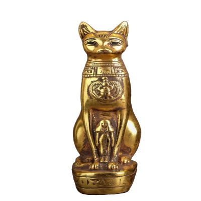 Ancient Egyptian statue of goddess Bastet cat heavy stone gold leaf hand painted made in Egypt. Bastet in her late form of a cat-headed woman, rather than a lioness