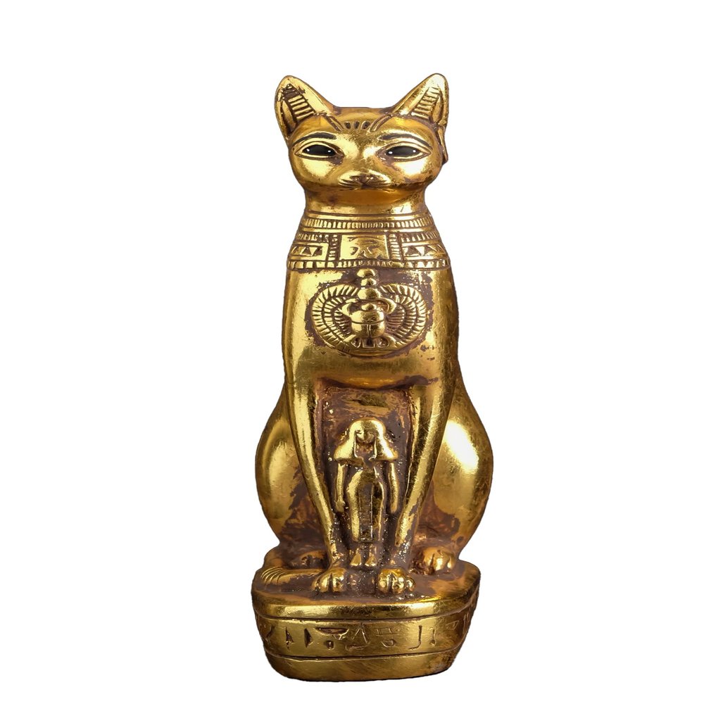 Ancient Egyptian statue of goddess Bastet cat heavy stone gold leaf hand painted made in Egypt. Bastet in her late form of a cat-headed woman, rather than a lioness