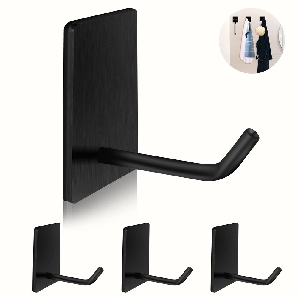 TONHTCAT Adhesive Hooks Heavy Duty, Long Stainless Steel Self Adhesive Wall Hook, Sticky Towel Hangers for Kitchen Bathroom, Waterproof Stick on Door Hooks for Hanging Key Hat Coat 4Pack(Black)