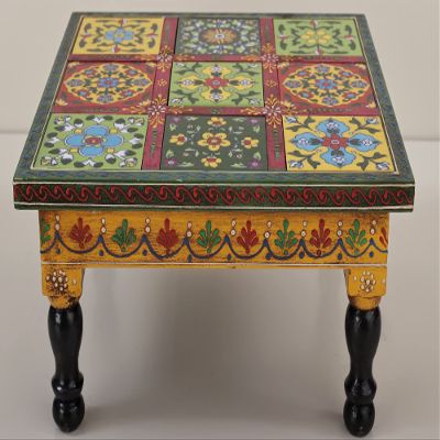 10" Colorful Wooden Decorative Chowki (Pedestal) | Wood Pedestal | Handmade | Made in India - Wood - Color Pink