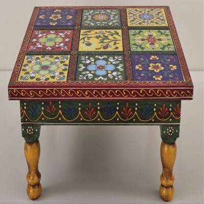 10" Colorful Wooden Decorative Chowki (Pedestal) | Wood Pedestal | Handmade | Made in India - Wood - Color Black