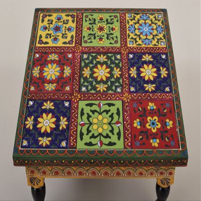 10" Colorful Wooden Decorative Chowki (Pedestal) | Wood Pedestal | Handmade | Made in India - Wood - Color Red