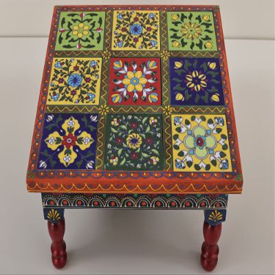 10" Colorful Wooden Decorative Chowki (Pedestal) | Wood Pedestal | Handmade | Made in India - Wood - Color Green
