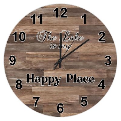 Lake the Lake Is My Happy Place Wall Clock Battery Operated Non Ticking Silent Wall Clocks Retro Weathered Distressed Board Hanging Clock for Living Room Kitchen Bathroom Birthday Gift 15-Inch