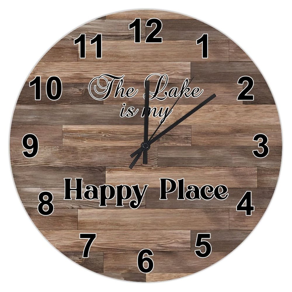 Lake the Lake Is My Happy Place Wall Clock Battery Operated Non Ticking Silent Wall Clocks Retro Weathered Distressed Board Hanging Clock for Living Room Kitchen Bathroom Birthday Gift 15-Inch