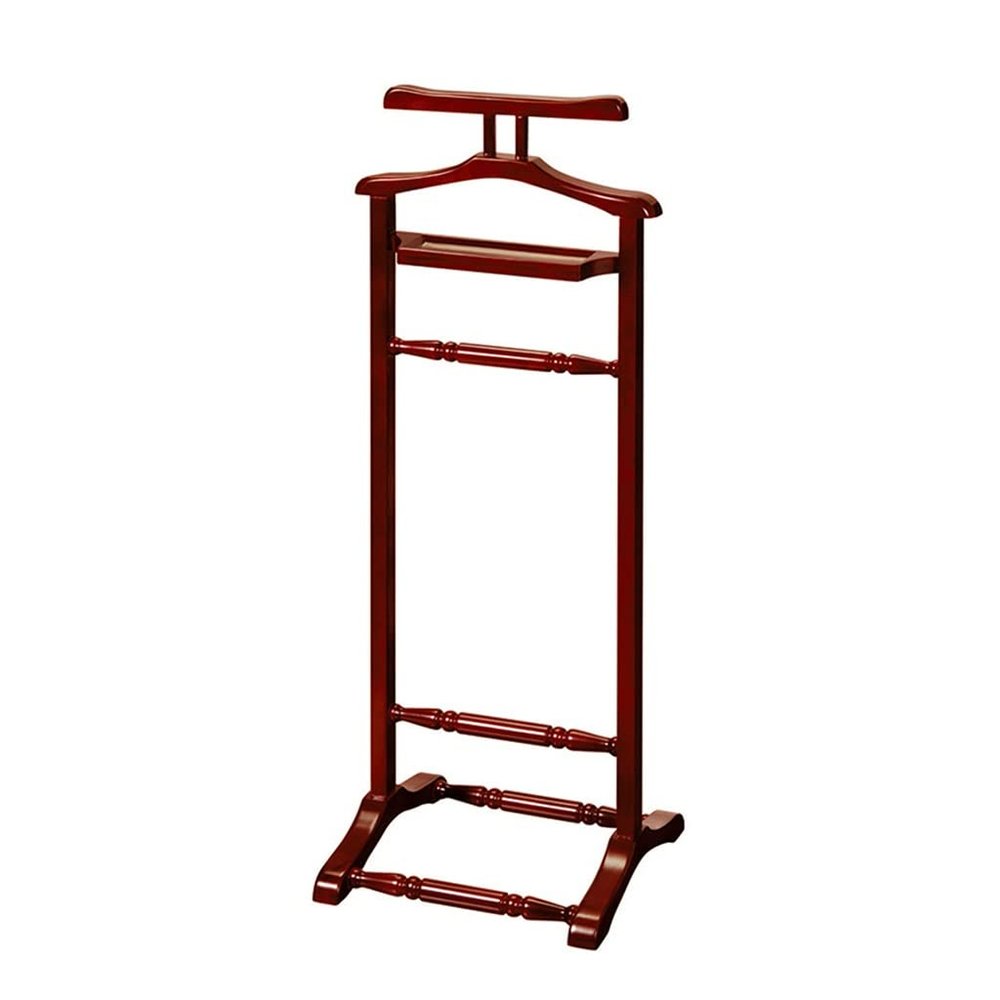 GXFWJD Valet Stand Wardrobe Wood Suit Valet Rack Mahogany Finish with Top Tray Contour Hanger Trouser Bar Tie & Belt for Both Living Room and Bed Room (Color : Wine red B, Size : 43x40x115cm)