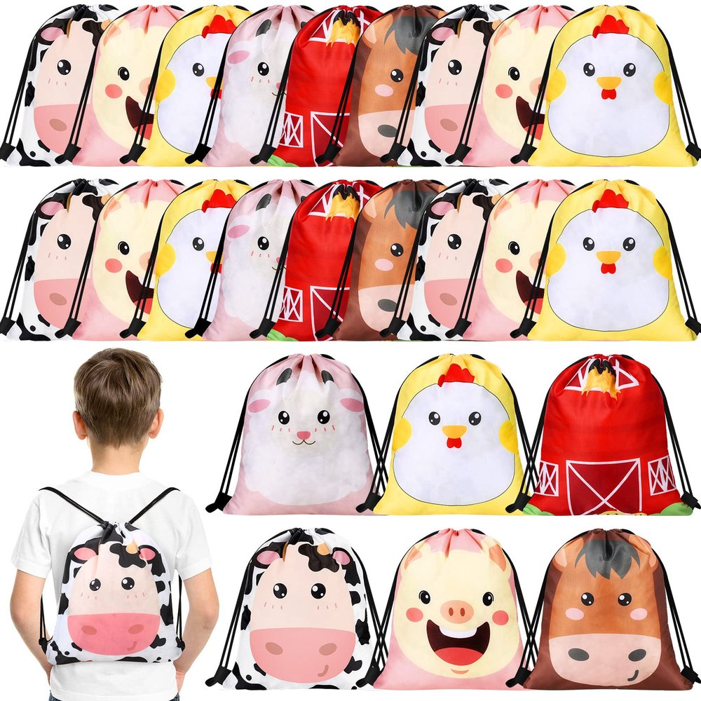 Eccliy 24 Pcs Farm Animal Party Favor Gift Bags Farm Birthday Party Supplies Decorations String Bags for Barnyard Themed