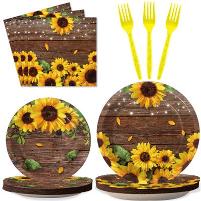 96 Pcs Sunflower Party Plates Napkins Tableware Set Sunflower Wood Grain Themed Supplies Disposable Dinnerware Sunflower Decoration Favors for Kids, 24 Guests