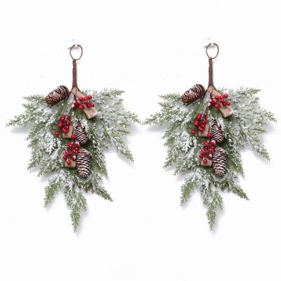 Wnvivi 2 Pcs Christmas Teardrop Floral Swag 15.7inch,Hanging Christmas Teardrop Wreath,Artificial Floral Swag with Pine Cones Red Berries