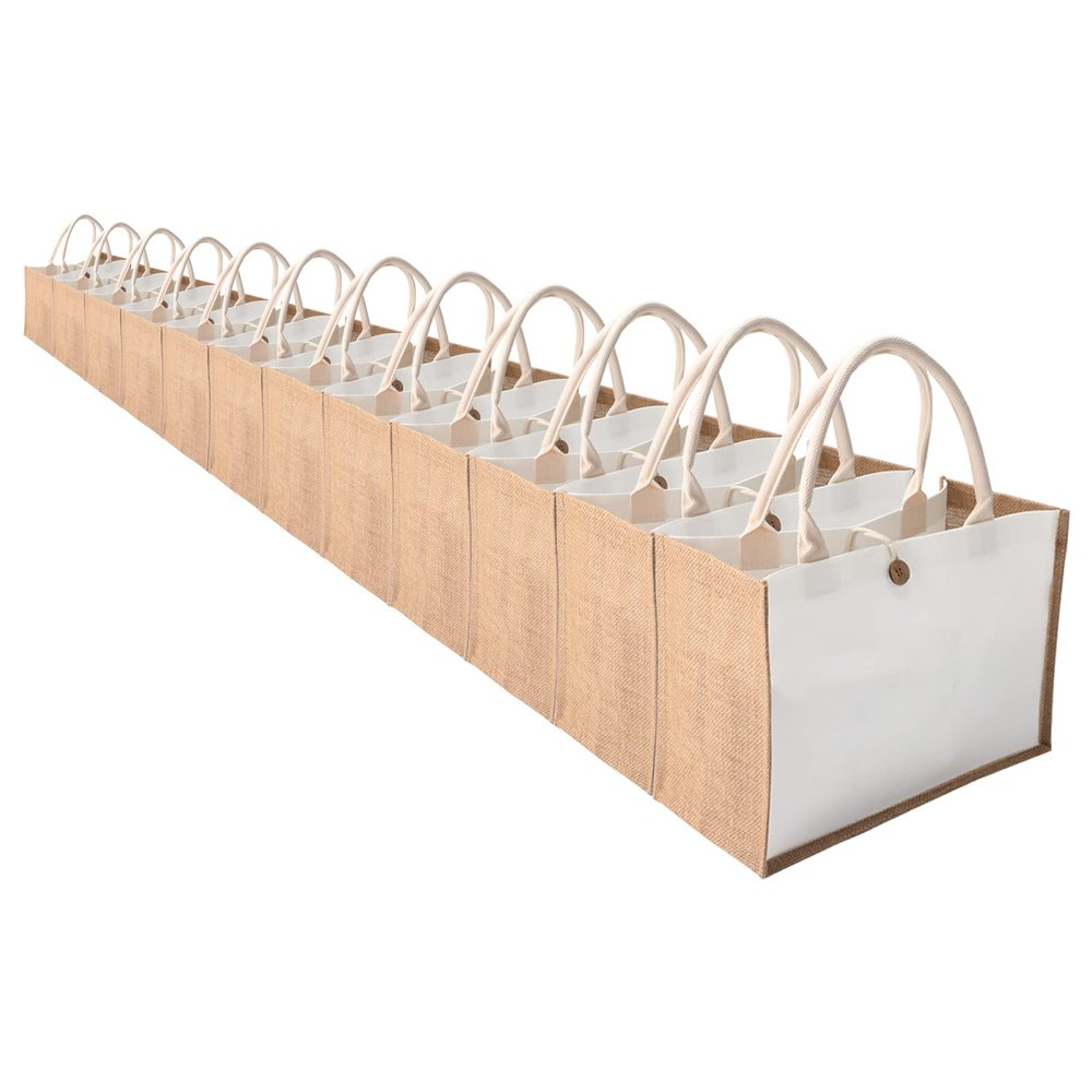 Burlap Tote Bags,MEIANJUN Set of 12 Jute Beach Tote Bags with Button Travel with Handle Grocery Bag Bridesmaid Bags Tote Bag for Beach wedding Shopping travel Arts and Crafts DIY 14.5*10.7*6.5[12pcs]