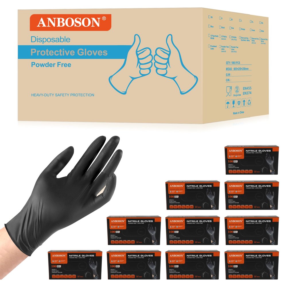 ANBOSON 6 mil Disposable Nitrile Gloves, Heavy Duty Disposable Glove, Cooking Gloves, Latex Free, Powder Free (Black of 1000, Large)