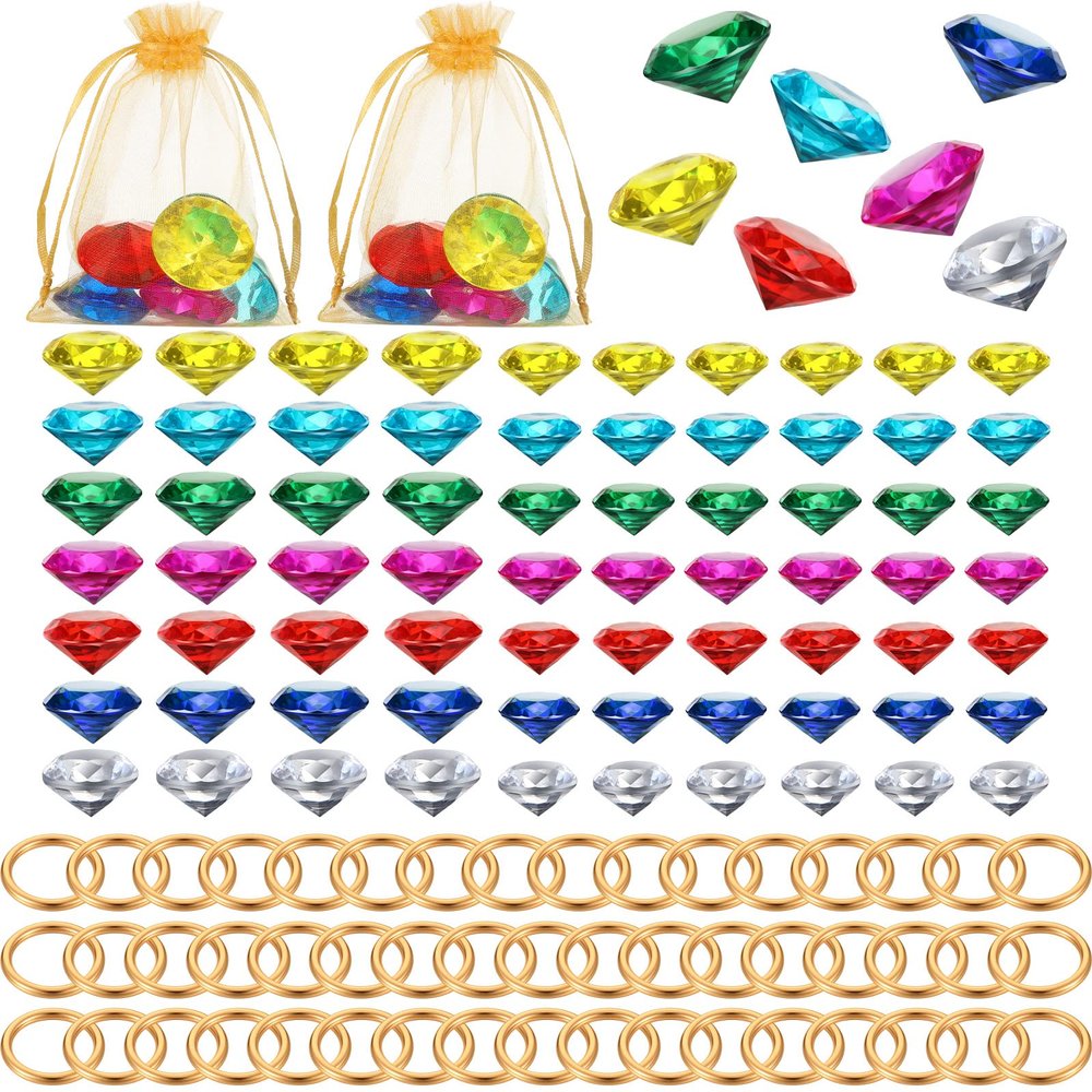 Chalyna 122 Pcs Acrylic Diamond Gems Jewels and Alloy Gold Round Ring Set Halloween Party Pirate Treasure Hunting Favor Cake Ornament Decor with Gift Bag