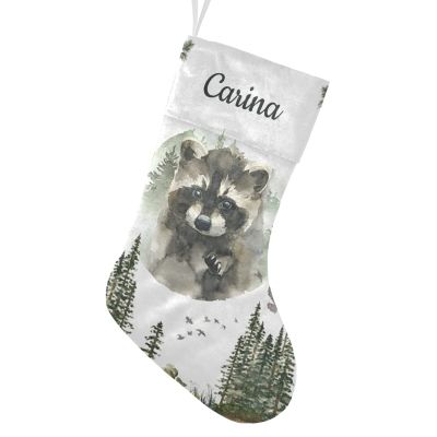 CUXWEOT Personalized Woodland Forest Raccoon Christmas Stockings Customize Name Candy Bag for Family Holiday Party Decorations Gift 17.52 x 7.87 Inch