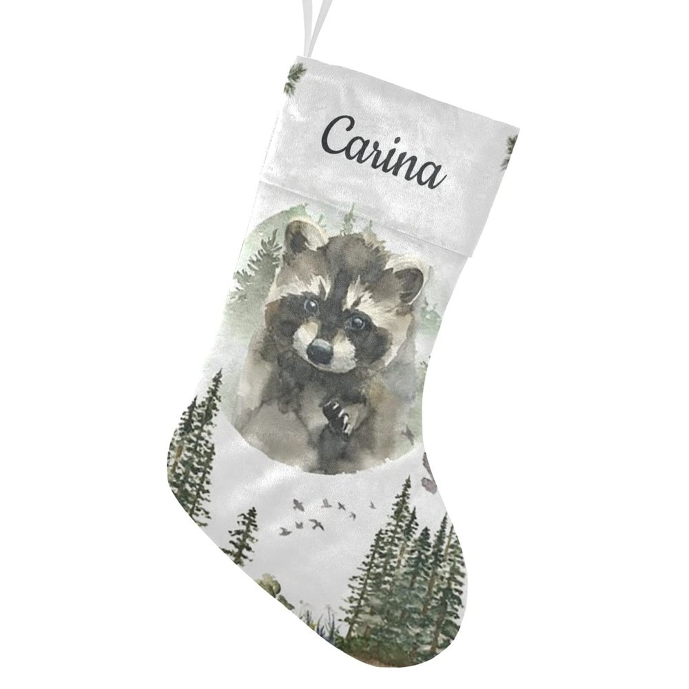 CUXWEOT Personalized Woodland Forest Raccoon Christmas Stockings Customize Name Candy Bag for Family Holiday Party Decorations Gift 17.52 x 7.87 Inch