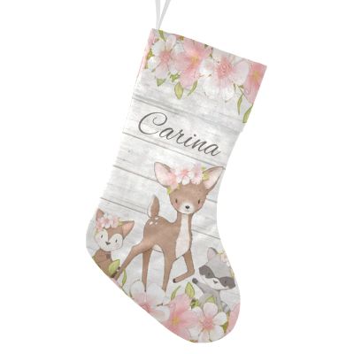 CUXWEOT Personalized Pink Floral Animal Christmas Stockings Customize Name Candy Bag for Family Holiday Party Decorations Gift 17.52 x 7.87 Inch