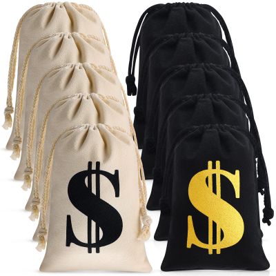 Shihanee 12 Pcs 9 x 6.3 Inches Canvas Money Bag with Drawstring Closure Costume Money Bag Pouch Dollar Sign Carrying Sack Prop for Party favor Bank Robber Pirate Cowboy Cosplay Theme Party
