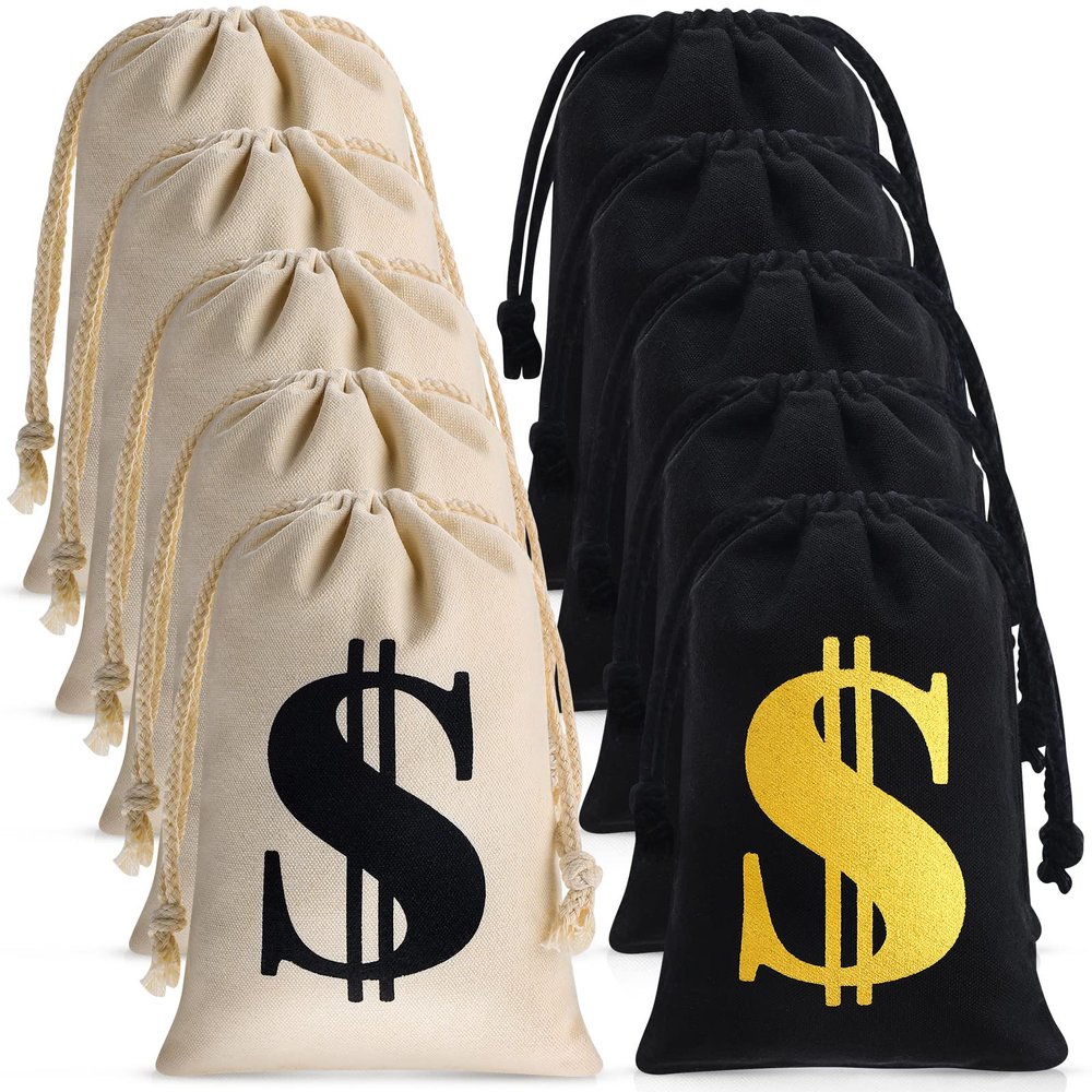 Shihanee 12 Pcs 9 x 6.3 Inches Canvas Money Bag with Drawstring Closure Costume Money Bag Pouch Dollar Sign Carrying Sack Prop for Party favor Bank Robber Pirate Cowboy Cosplay Theme Party