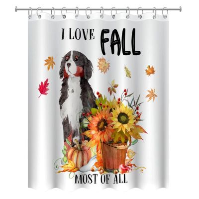 Funny Dog Shower Curtain for Bathroom Decor 72x90in I Love Fall Most of All Old English Sheepdog Autumn Pumpkin Decor Bath Curtain Bathtub Decor Waterproof Fabric with Hooks