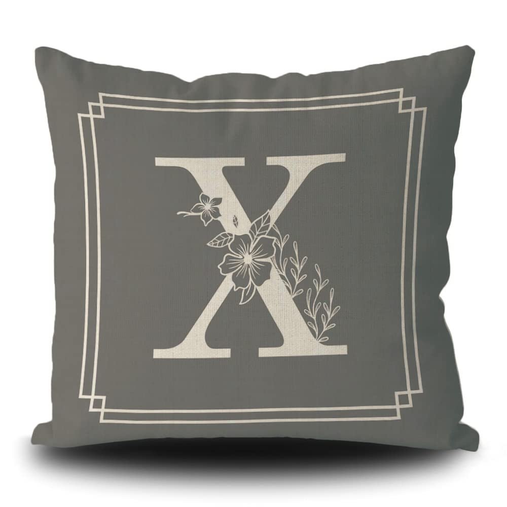 KafePross Couch Throw Pillow Cover Monogram Alphabet X Flowers Modern Sofa Pillowcase for Home Decor Linen Square 20x20 Inch Gray