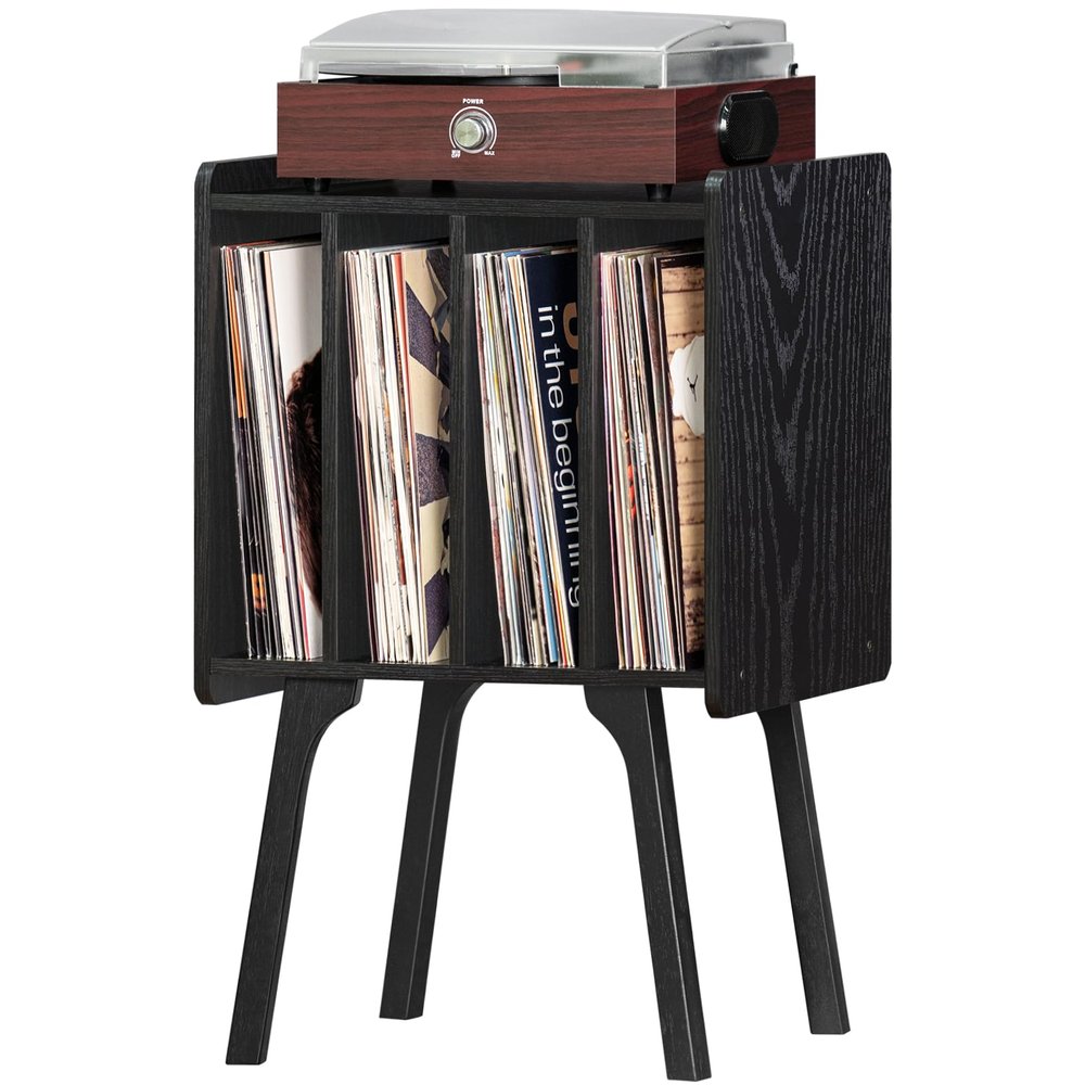 LELELINKY Record Player Stand,Black Vinyl Record Storage Table with 4 Cabinet Up to 100 Albums,Mid-Century Turntable Stand with Wood Legs,Vinyl Holder Display Shelf for Living Room