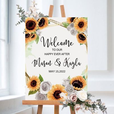 Custom Wedding Welcome Sign, Welcome To Our Happily Ever After Sign, Wedding Outdoor Board, Entrance Wedding Decor, Floral Sunflower Rose Wedding Sign, Wedding Gift, 12x18in