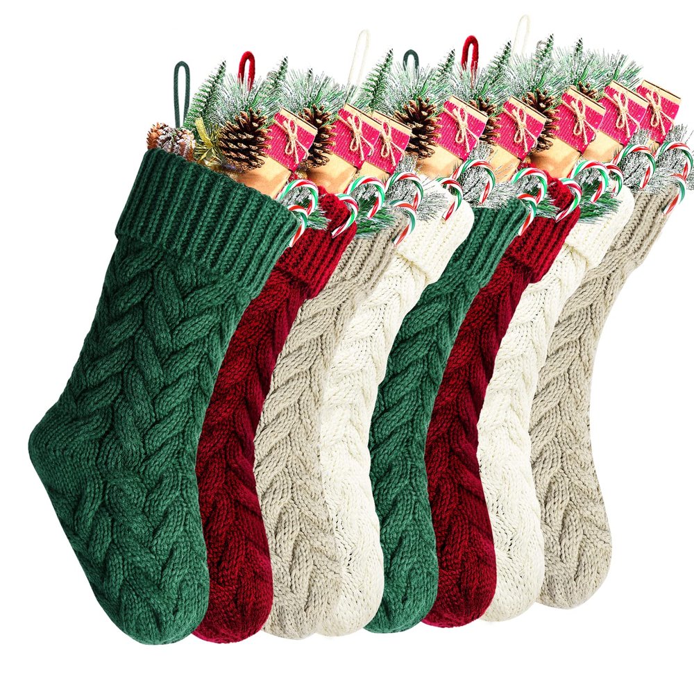 Kunyida Christmas Stockings, 18 Inch Burgundy, Ivory, Green and Khaki Cable Knitted Stocking for Xmas Holiday Decoration, 8 Pack