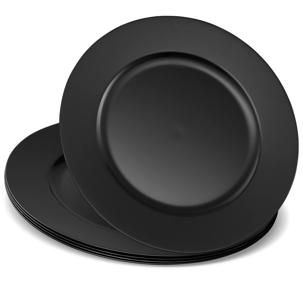 13'' Charger Plates Black Plastic Heavy Duty Disposable Dinner Chargers Serveware Dishes Platters Tableware Pack of 12