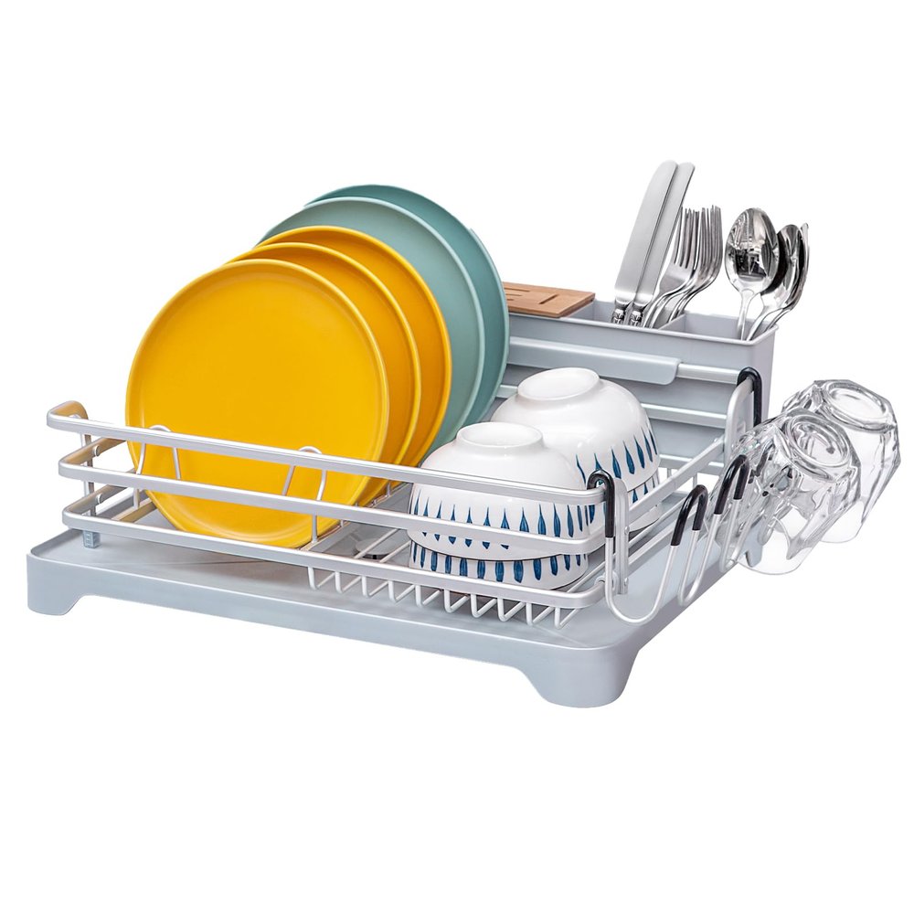 BRIAN & DANY Aluminum Dish Drying Rack, Dish Racks for Kitchen Counter, Dish Drainer with Removable Cutlery Holder & Cup Holder, 16.5" L x 11.8" W, Light Grey