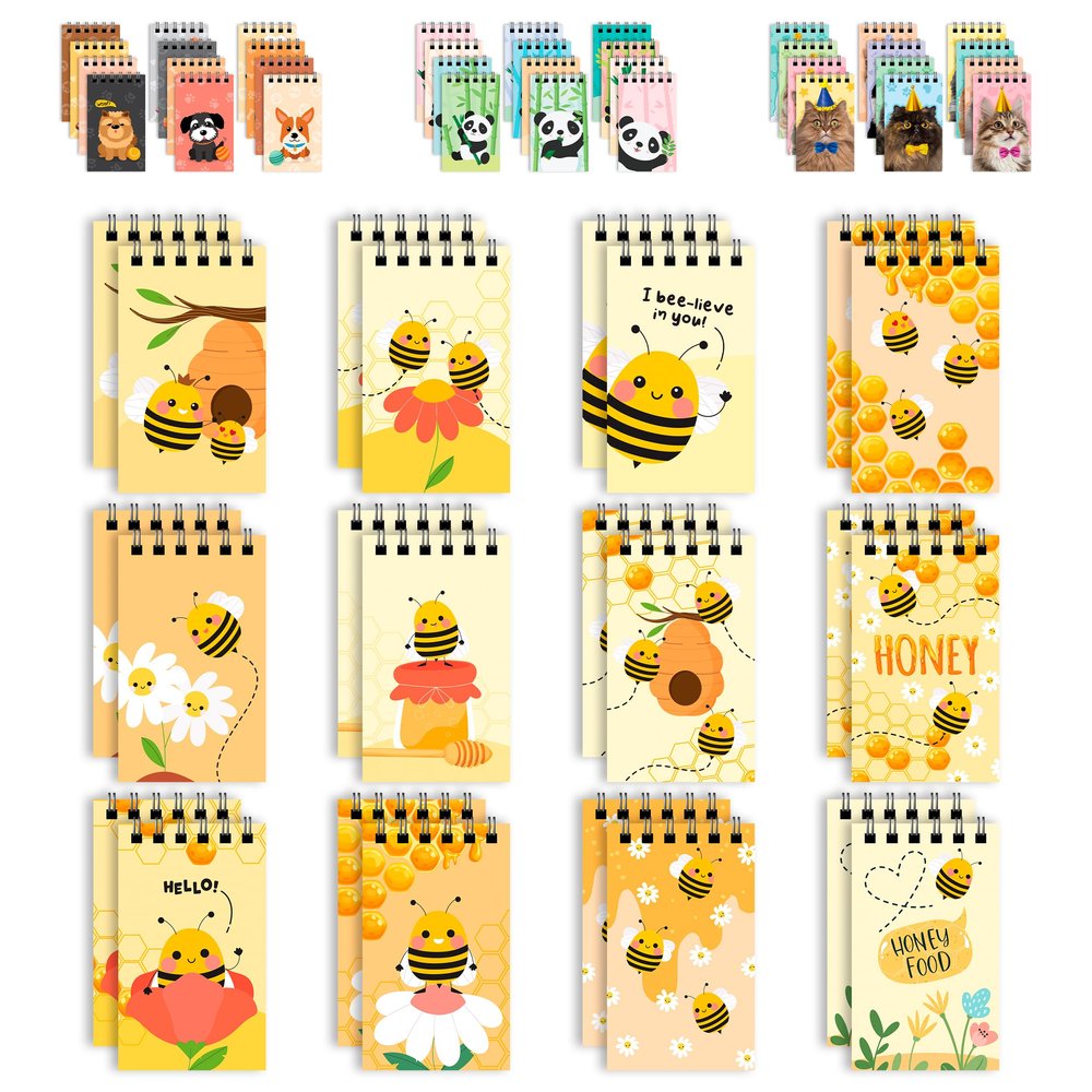 Decorably 24 Pack Spiral Bumble Bee Party Favors for Kids - 12 Colorful Designs 2.4x4in Mini Notepads, Spring-Bound with 20 Sheets - Gifts for Birthday, Baby Shower, Children's Party, School