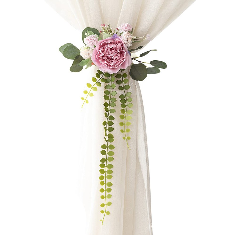 Mokylor 2 Pack Silk Cloth Curtain Tiebacks, Curtain Holdbacks with Fake Flower and Green Leaves, Creative Floral Home Window Cable Ties Decoration for Wedding Home Decorative