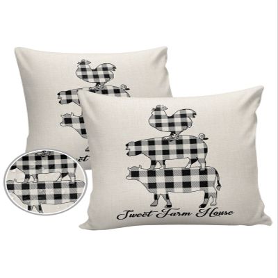 LOVE HOME DAY Farm Black White Plaid Cow Pig Chicken Outdoor Pillow Covers Set of 2,Decorative Waterproof Throw Pillow Case, Vintage Text Cotton Linen Cotton Linen Soft Cozy Cushion Pillowcases