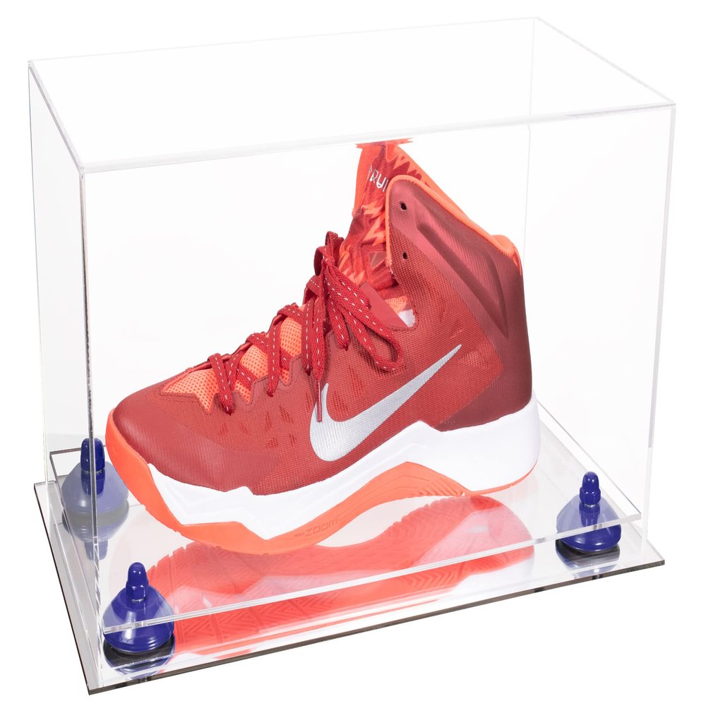 Better Display Cases Versatile Clear Acrylic Display Case - Medium Rectangle Box with Navy Blue Risers and Mirror Base 15" x 8" x 9" (V11/A013)
