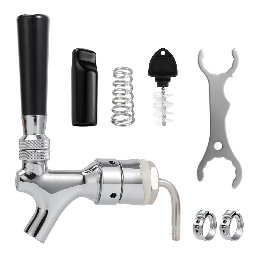 MRbrew Beer Shank Faucet with 1/4'' Barb Fitting, Kegerator Tower Beer Tap Parts - Stainless Core Tap & Hose Clamp, Kegerator Replacement Kit for 3/16'' Liquid Line Homebrew Draft Beer Tower Dispenser