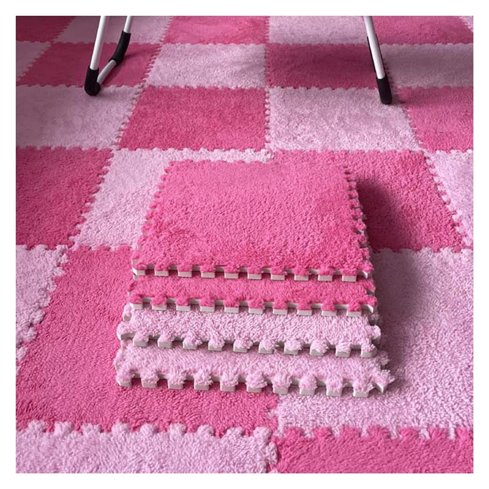 9/12/15/16 Pcs Interlocking Foam Carpet Tiles,Soft Fluffy Plush Area Rug Mat,Crawling Playmat Puzzle Mat,for Bedroom, 12X12inch, 0.4 Inch Thicken Foam,Rose red+Pink,9 PCS