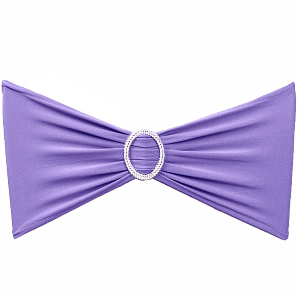 SINSSOWL 100 PCS Spandex Lavender Chair Sashes for Wedding Stretch Light Purple Chair Bows Bands with Buckle for Party Banquet Birthday Engagement Outdoor Events Decorations