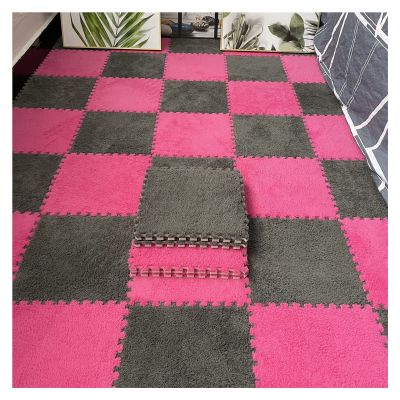 9/12/15/16 Pcs Interlocking Foam Carpet Tiles,Soft Fluffy Plush Area Rug Mat,Crawling Playmat Puzzle Mat,for Bedroom, 12X12inch, 0.4 Inch Thicken Foam,Grey+Rose red,12 PCS