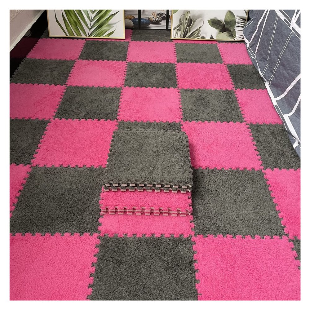9/12/15/16 Pcs Interlocking Foam Carpet Tiles,Soft Fluffy Plush Area Rug Mat,Crawling Playmat Puzzle Mat,for Bedroom, 12X12inch, 0.4 Inch Thicken Foam,Grey+Rose red,12 PCS